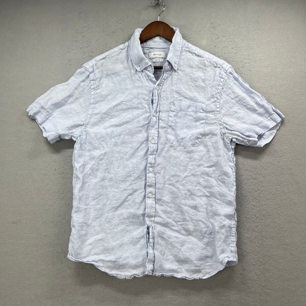 Porter &‎ Ash Shirt Mens L Light Blue 100% Linen Short Sleeve Buttonn Up Coastal